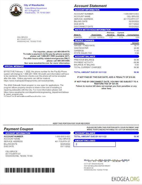 USA CITY OF WAXAHACHIE utility bill Word and PDF template